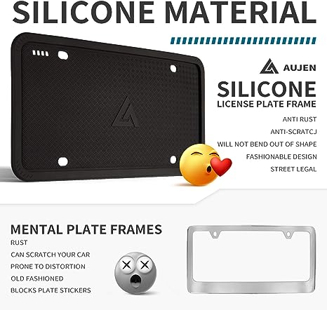 Aujen Silicone License Plate Frames Black, 2 Pack Car License Plate Covers, Universal US Car Black License Plate Holders BracketsRust-Proof, Rattle-Proof, Weather-Proof Car Accessories(Black)