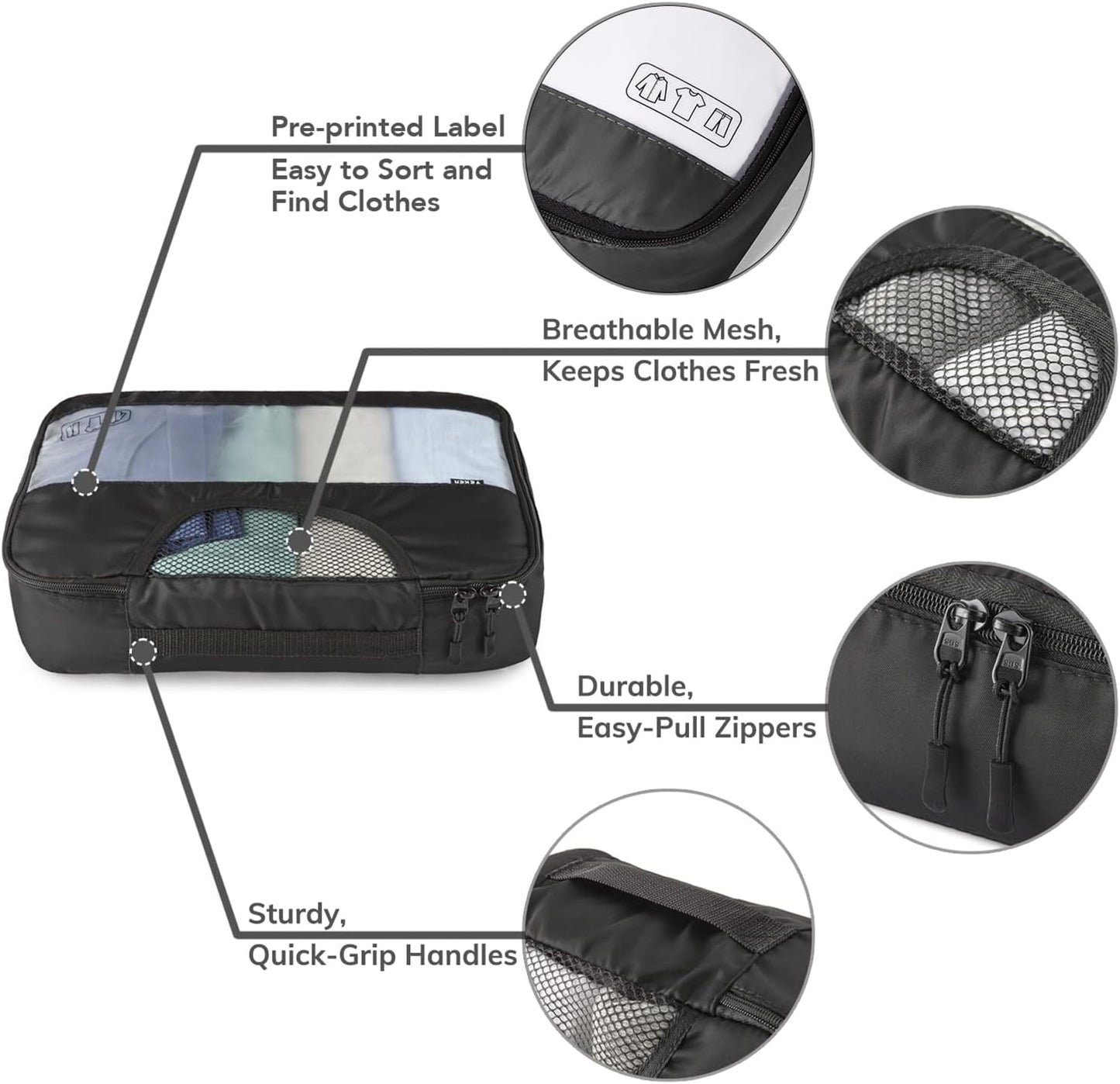 Veken 8 Set Packing Cubes for Suitcases, Travel Essentials for Carry on, Luggage Organizer Bags Set for Travel Accessories in 4 Sizes (Extra Large, Large, Medium, Small), Black
