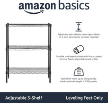 Load image into Gallery viewer, Amazon Basics 3-Shelf Narrow Adjustable, Heavy Duty Storage Shelving Unit (250 lbs loading capacity per shelf), Steel Organizer Wire Rack, Black, 23.2&quot;L x 13.4&quot;W x 30&quot;H