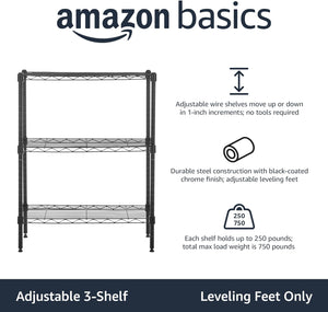Amazon Basics 3-Shelf Narrow Adjustable, Heavy Duty Storage Shelving Unit (250 lbs loading capacity per shelf), Steel Organizer Wire Rack, Black, 23.2"L x 13.4"W x 30"H