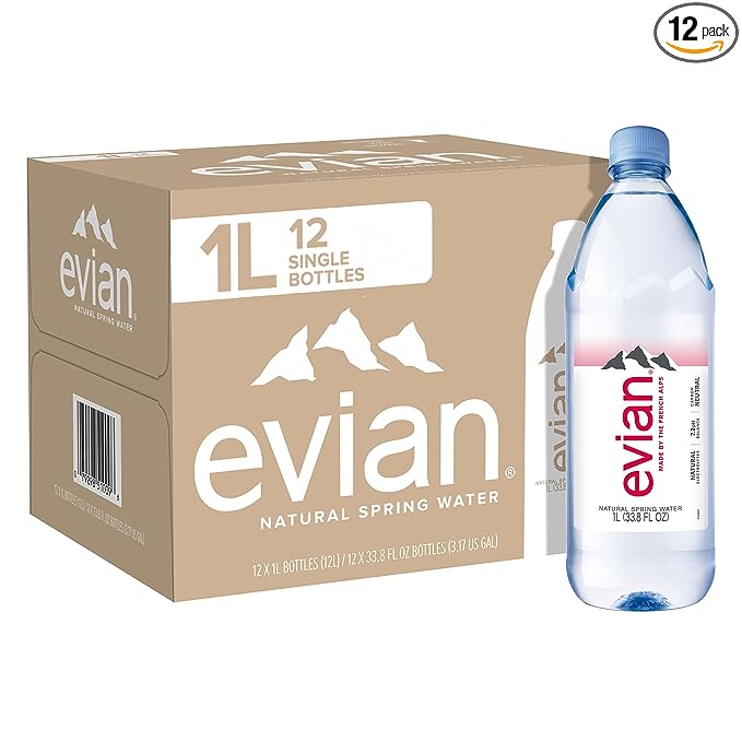 evian Natural Spring Water, Naturally Filtered Spring Water in Large Bottles, 33.81 Fl Oz (Pack of 12)