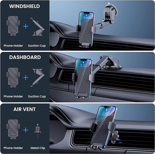 Car Phone Holder Mount [Bumpy Roads Friendly] Phone Mount for Car Dashboard Windshield Air Vent Universal Cell Phone Automobile Cradles Hands-Free Phone Stand for Car Fit iPhone Android Smartphones
