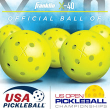 Load image into Gallery viewer, Franklin Sports Outdoor Pickleballs - X-40 Pickleball Balls - USA Pickleball (USAPA) Approved - Official US Open Ball - 3 Packs, 12 Packs, 36 Pickleball Buckets, 100 + 400 Bulk Packs of Pickleballs