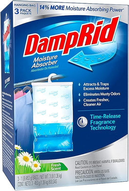 DampRid Fresh Scent Hanging Moisture Absorber, 16 oz., 3 Pack - Eliminates Musty Odors for Fresher, Cleaner Air, Ideal for Closet, 14% More Moisture Absorbing Power*- Blue