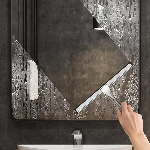 All-Purpose Stainless Steel Shower Squeegee for Shower Doors with 2 Adhesive Hooks, Bathroom Cleaner Tool Household Window Mirror Squeegee for Home Cleaning, Glass Door, Tile Wall, Car, 10 Inch Silver