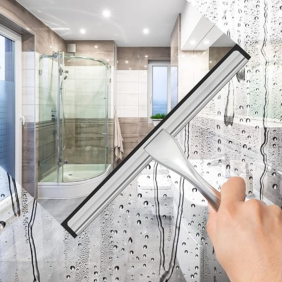 All-Purpose Stainless Steel Shower Squeegee for Shower Doors with 2 Adhesive Hooks, Bathroom Cleaner Tool Household Window Mirror Squeegee for Home Cleaning, Glass Door, Tile Wall, Car, 10 Inch Silver