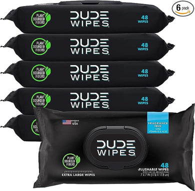 DUDE Wipes - Flushable Wipes - 6 Pack, 288 Wipes - Unscented Extra-Large Adult Wet Wipes - Vitamin-E & Aloe for at-Home Use - Septic and Sewer Safe
