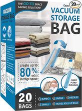 Load image into Gallery viewer, 20 Pack Vacuum Storage Bags, Space Saver Bags (4 Jumbo/4 Large/4 Medium/4 Small/4 Roll) Compression for Comforters and Blankets, Sealer Clothes Storage, Hand Pump Included