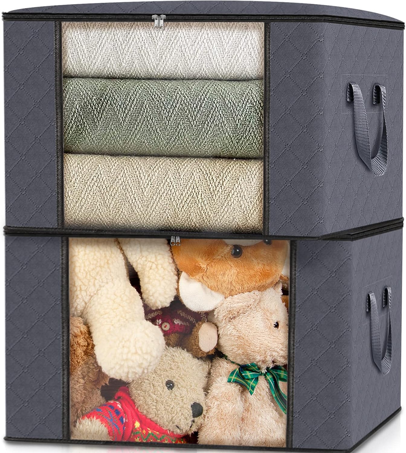 Fab totes 6 Pack Clothes Storage, Foldable Blanket Storage Bags, Storage Containers for Organizing Bedroom, Closet, Clothing, Comforter, Organization and Storage with Lids and Handle, Grey