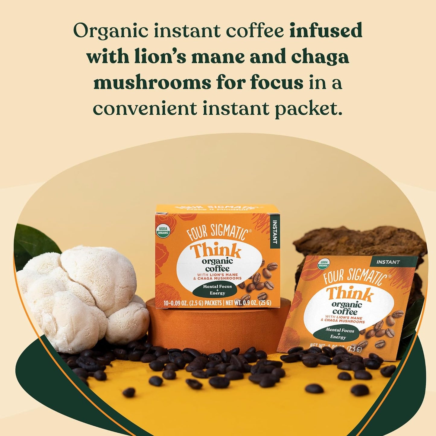 Four Sigmatic Foods Mushroom Instant Coffee, Organic and Fair Trade with Lions Mane, Chaga, & Mushroom Powder, Focus & Immune Support, Paleo, 0.9 Oz - 10 Count (Pack of 1)