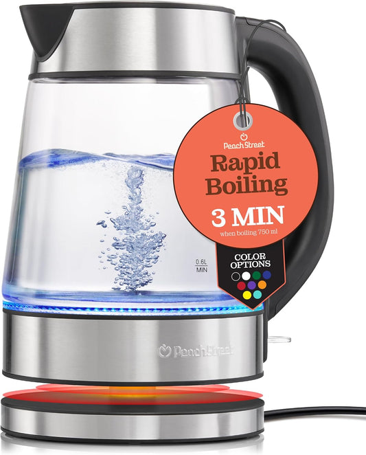 Speed-Boil Electric Kettle For Coffee & Tea - 1.7L Water Boiler 1500W, Borosilicate Glass, Easy Clean Wide Opening, Auto Shut-Off, Cool Touch Handle, LED Light. 360° Rotation, Boil Dry Protection