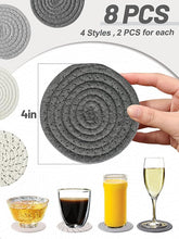Load image into Gallery viewer, 8 Pcs Absorbent Drink Coasters, 4 Styles Handmade BOHO Woven Coasters for Coffee Table, Heat-resistant Modern Cotton Coasters for Kinds of Cups Housewarming (4.3in)