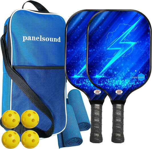 Panel Sound USAPA Approved Fiberglass Pickleball Paddles Set of 2, Lightweight Pickleball Rackets Set, 1 Carrying Case, 2 Cooling Towels & 4 Balls