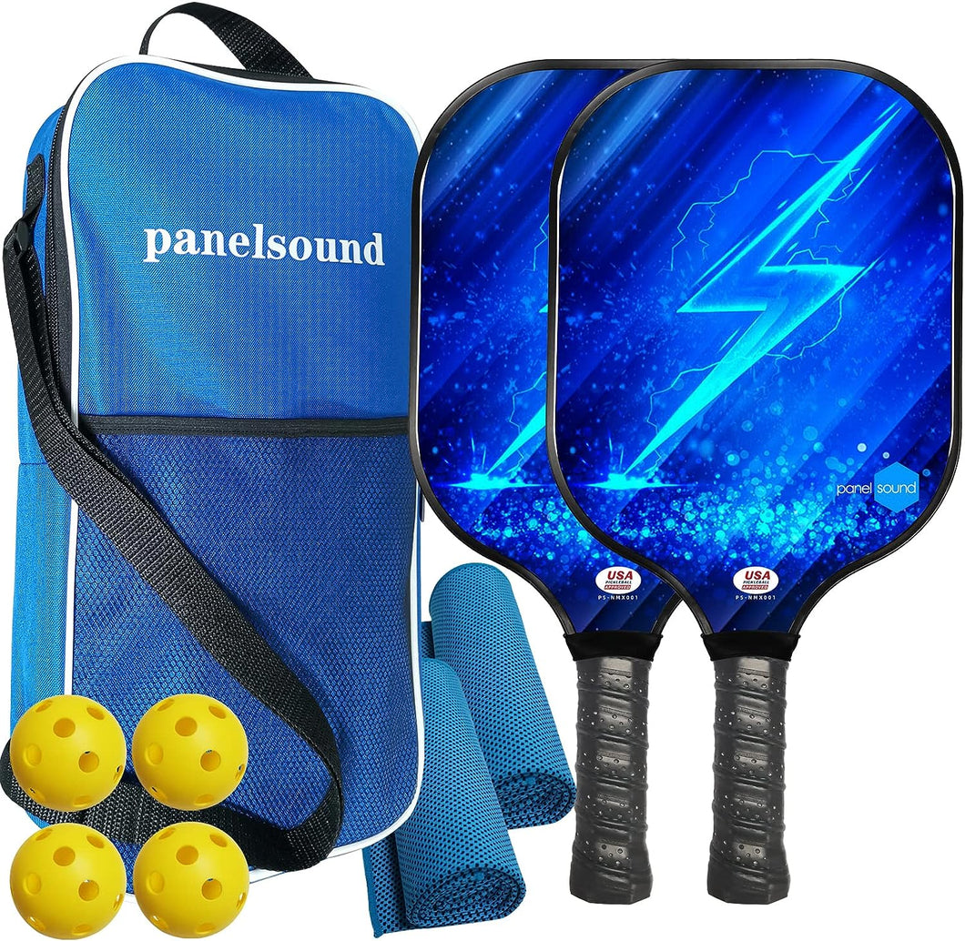 Panel Sound USAPA Approved Fiberglass Pickleball Paddles Set of 2, Lightweight Pickleball Rackets Set, 1 Carrying Case, 2 Cooling Towels & 4 Balls