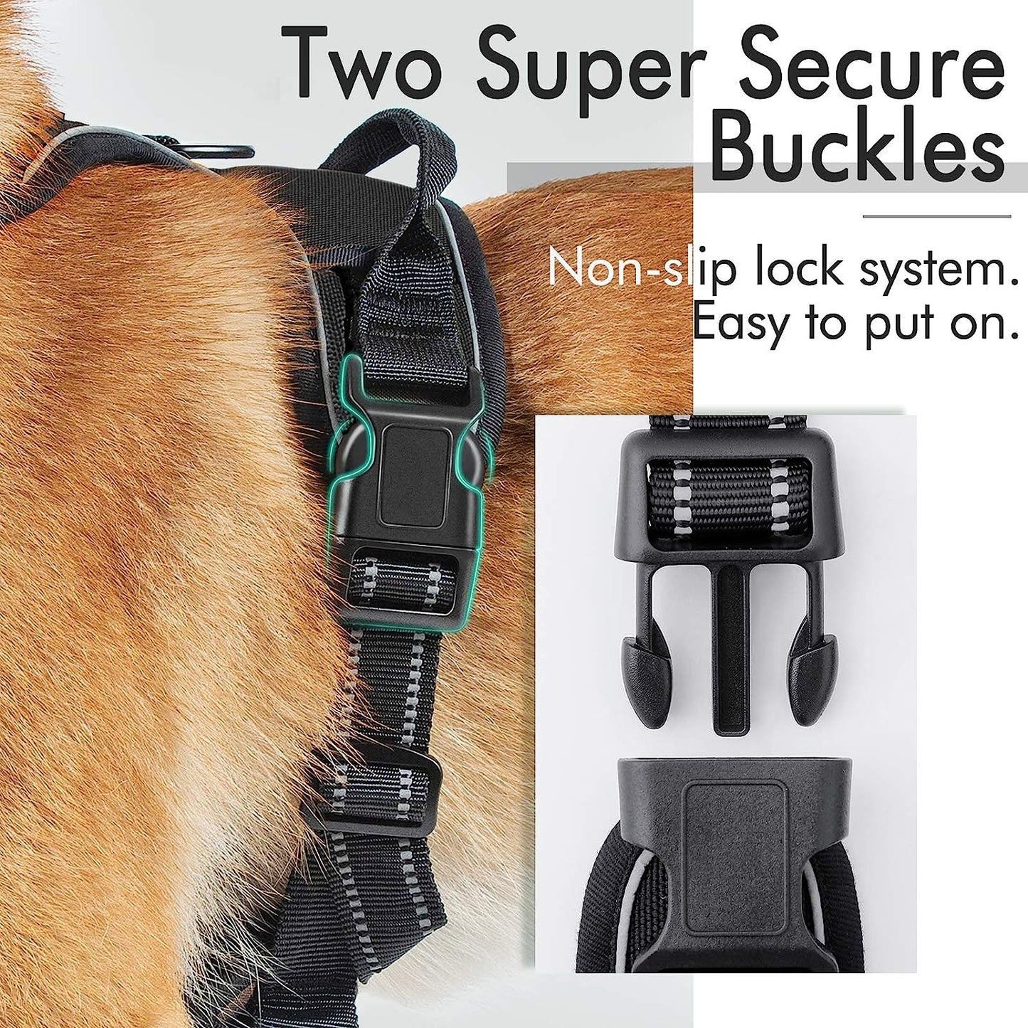 rabbitgoo Dog Harness, No-Pull Pet Harness with 2 Leash Clips, Adjustable Soft Padded Dog Vest, Reflective No-Choke Pet Oxford Vest with Easy Control Handle for Large Dogs, Black, L