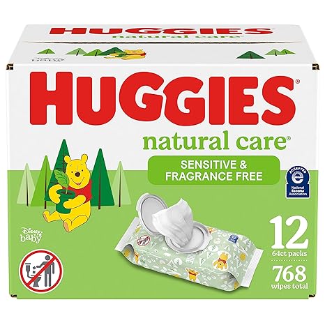 Huggies Natural Care Sensitive Baby Wipes, Unscented, Hypoallergenic, 99% Purified Water, 12 Flip-Top Packs (768 Wipes Total)