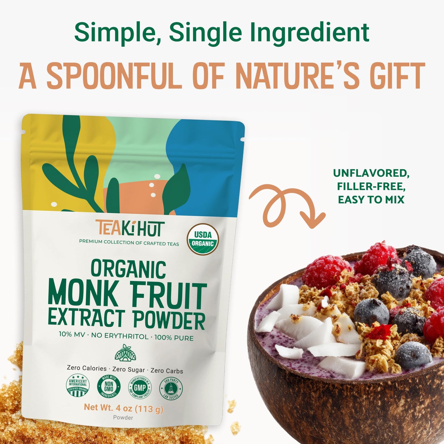 Pure Organic Monk Fruit Extract Powder, No Erythritol 4oz, 100% Monk Fruit Sweetener…