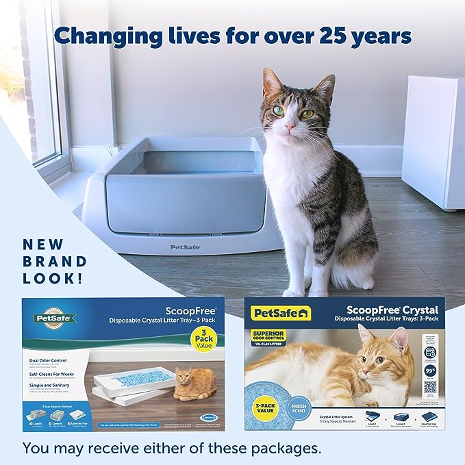 PetSafe ScoopFree Crystal Litter Tray Refills, Premium Blue Crystals, 3-Pack, Disposable Tray, Includes Leak Protection & Low Tracking Litter, Absorbs Odors On Contact