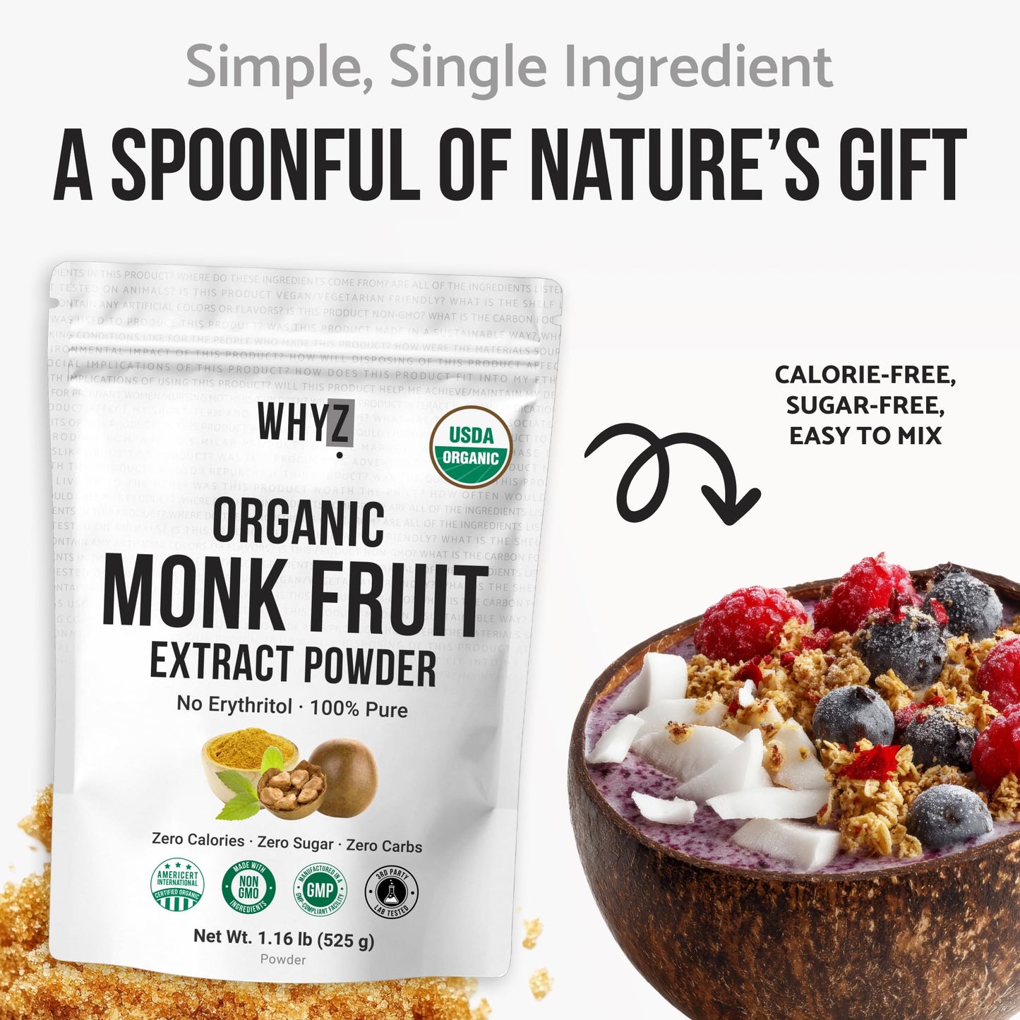Organic Monk Fruit Extract, 5 oz, Pure Monk Fruit Sweetener Organic No Erythritol and…