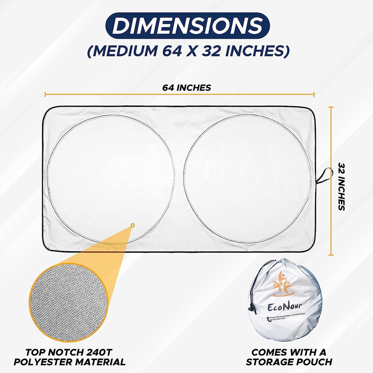 EcoNour Car Windshield Sun Shade, Reflector Sunshade Offers Ultimate Protection for Car Interior, Cool Car Reflective Sun Blocker Fits Small Sedans, Mini SUVs, & Hatchbacks, Medium (64 in x32 in)