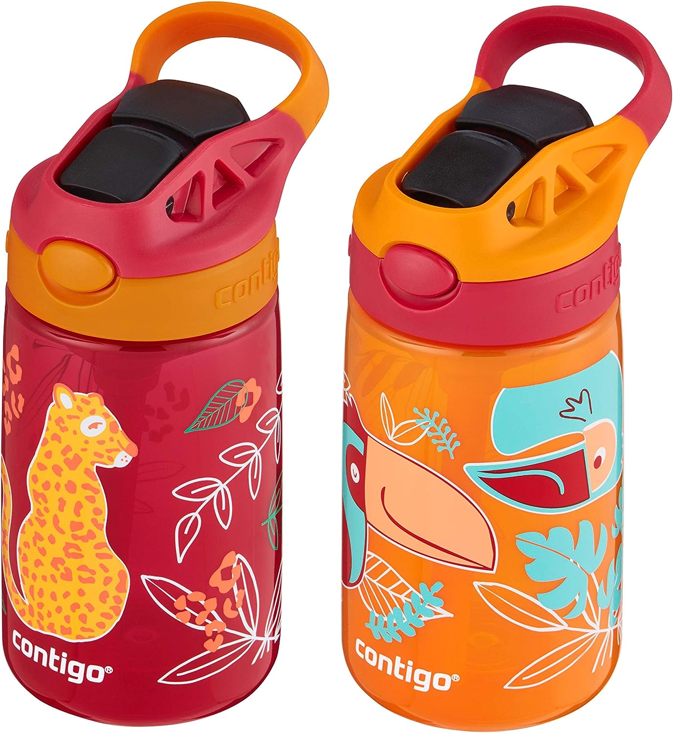 Contigo Aubrey Kids Cleanable Water Bottle with Silicone Straw and Spill-Proof Lid, Dishwasher Safe, 14oz 2-Pack, Cheetah & Toucans