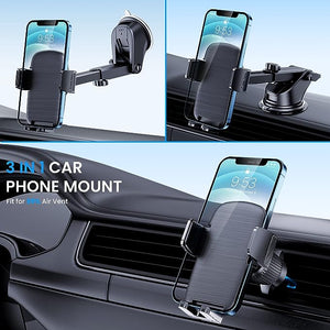 Phone Mount for Car Phone Holder [Military-Grade Suction & Stable Clip]Car Phone Holder Mount Windshield Dashboard Air Vent Universal Cell Phone Automobile Mount Fit For All iPhone Android Smartphones