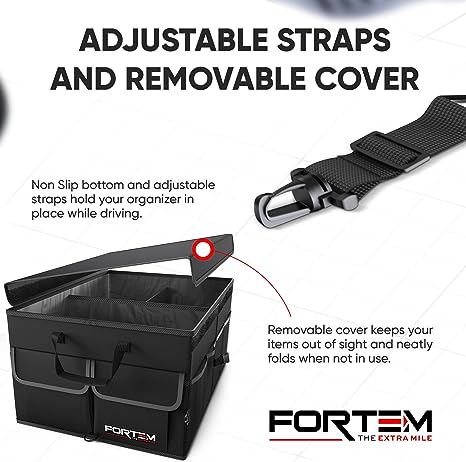 FORTEM Car Storage Organizer, Collapsible Multi Compartment SUV Trunk Organizer, Non Slip Bottom, Adjustable Securing Straps, Foldable Cover (Black, Standard Size)
