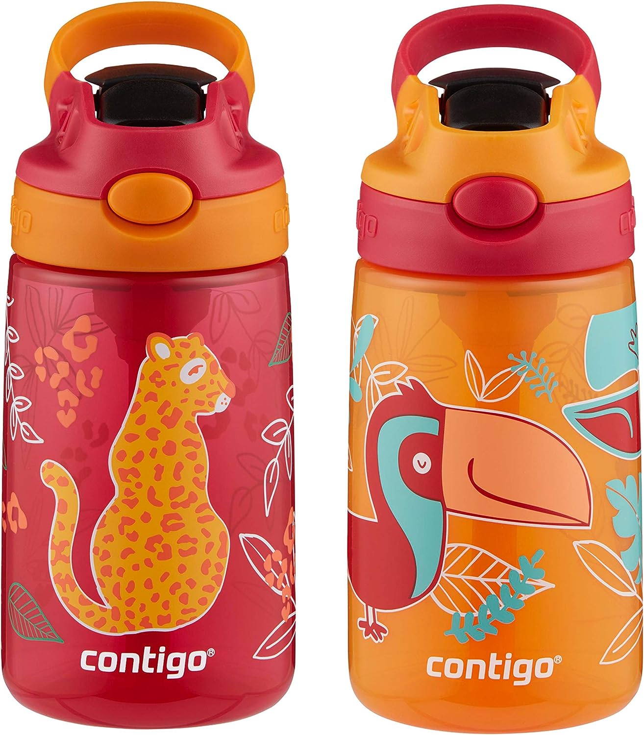 Contigo Aubrey Kids Cleanable Water Bottle with Silicone Straw and Spill-Proof Lid, Dishwasher Safe, 14oz 2-Pack, Cheetah & Toucans