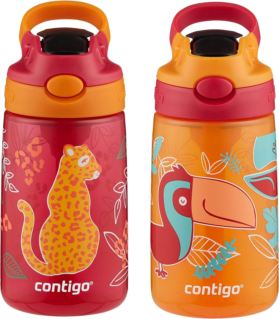 Contigo Aubrey Kids Cleanable Water Bottle with Silicone Straw and Spill-Proof Lid, Dishwasher Safe, 14oz 2-Pack, Cheetah & Toucans