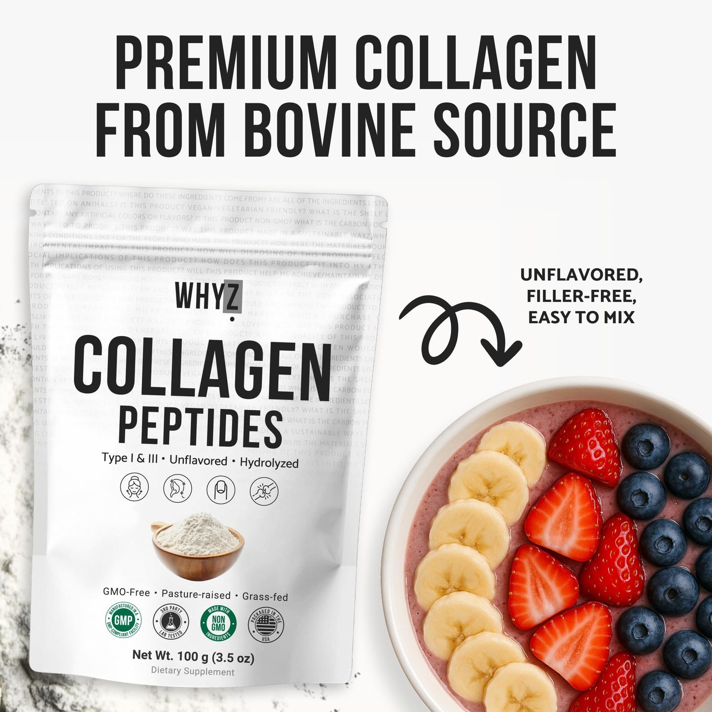 Bovine Collagen Peptides Powder Hydrolyzed Type I & III Protein, Grass-Fed Pasture-Raised…