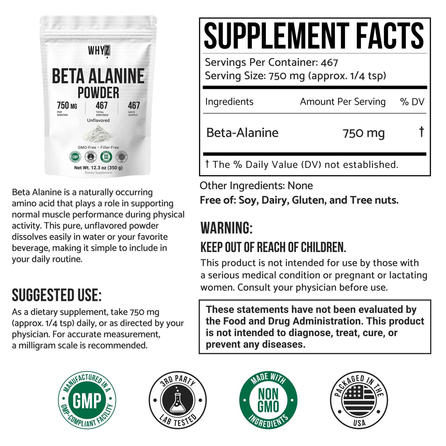WHYZ Beta Alanine Powder Pure Beta Alanine Pre-Workout Supplement for Sustained Energy…