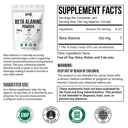 WHYZ Beta Alanine Powder Pure Beta Alanine Pre-Workout Supplement for Sustained Energy…