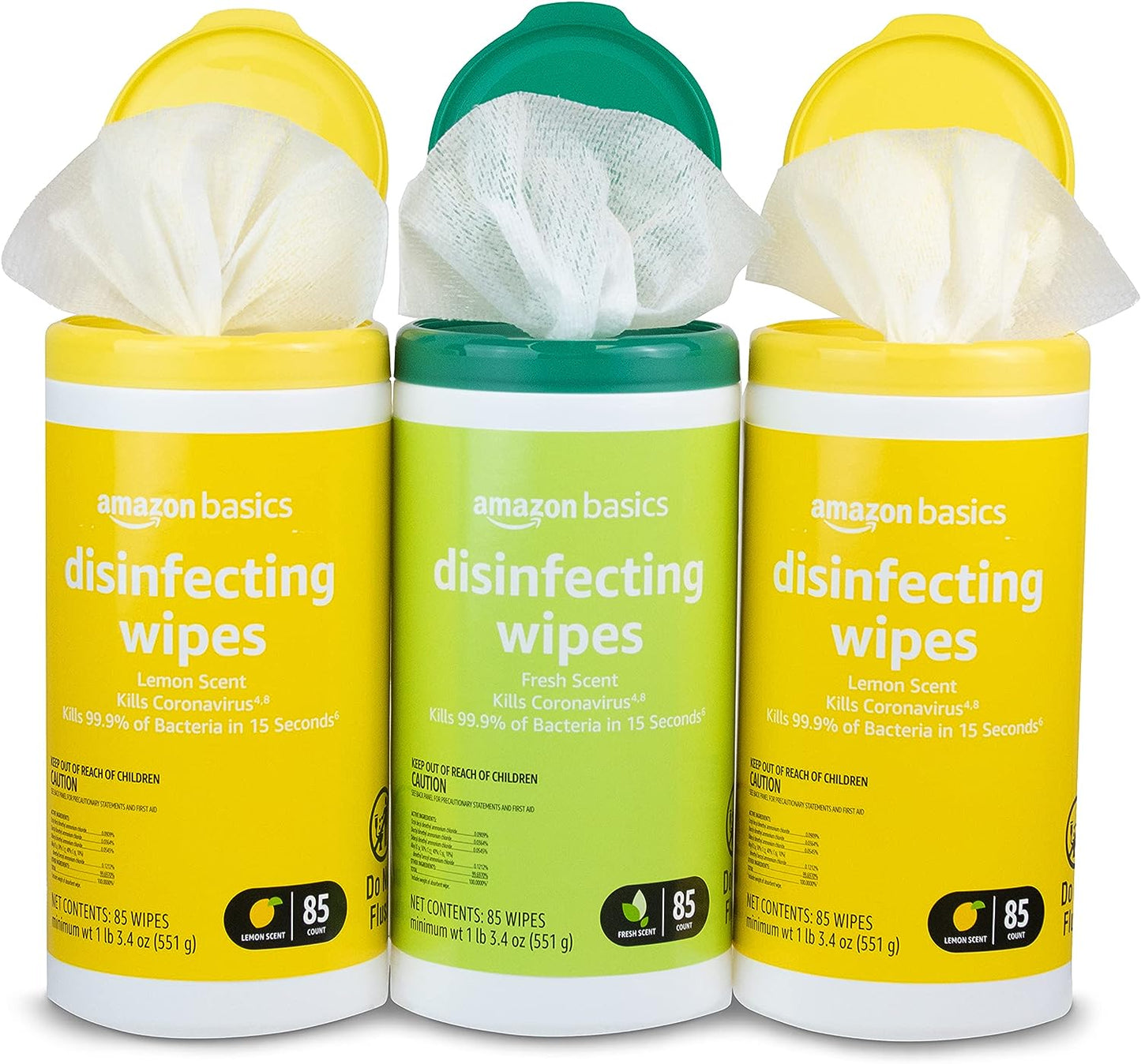Amazon Basics Disinfecting Wipes, Lemon & Fresh Scent, Sanitizes, Cleans, Disinfects & Deodorizes, 255 Count (3 Packs of 85) (Previously Solimo) (Packaging May Vary)