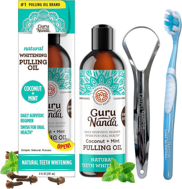 GuruNanda Coconut Oil Pulling with 7 Essential Oils and Vitamin D3, E, K2 (Mickey D), Helps with Fresh Breath, Teeth & Gum Health & More (8 fl oz)