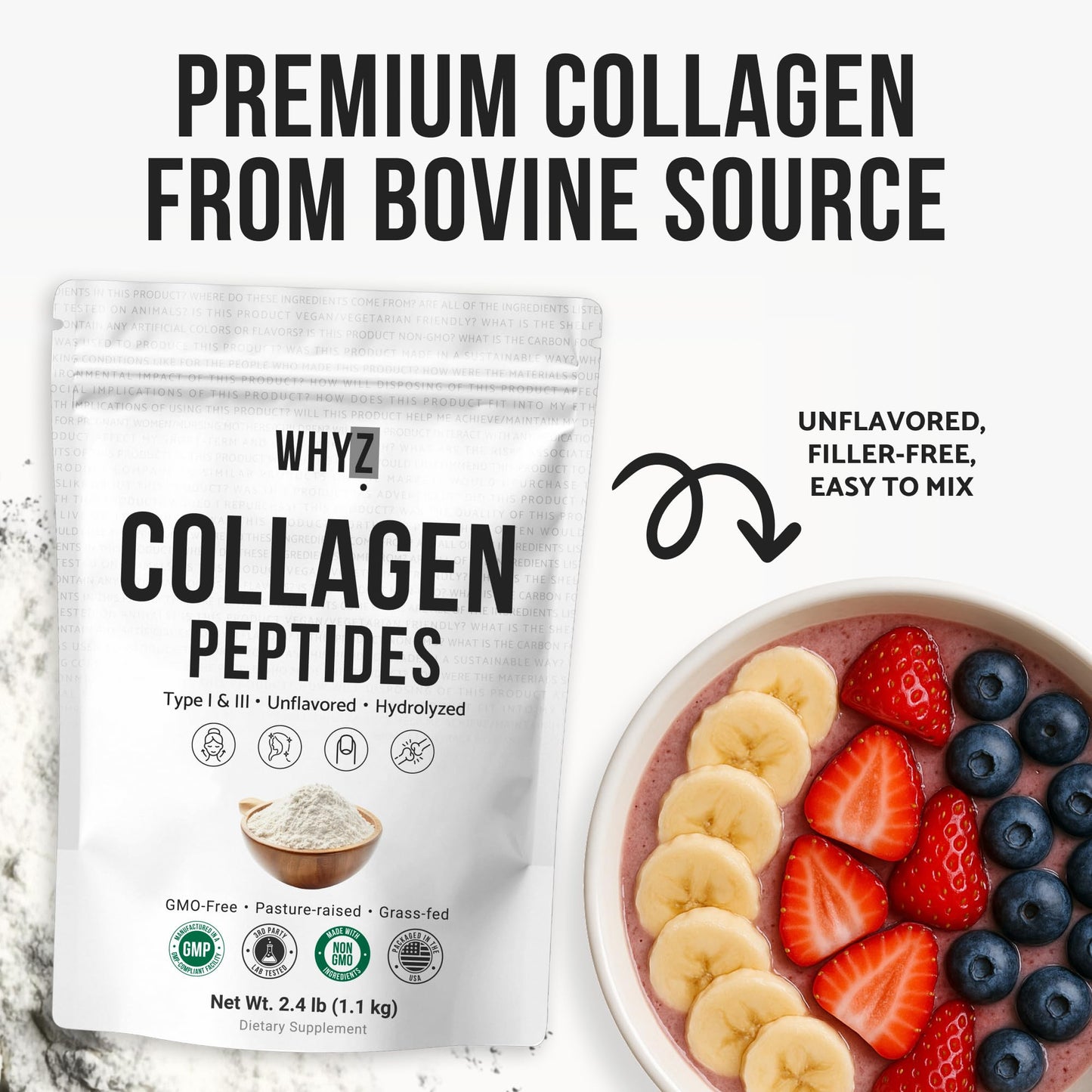 Bovine Collagen Peptides Powder Hydrolyzed Type I & III Protein, Grass-Fed Pasture-Raised…