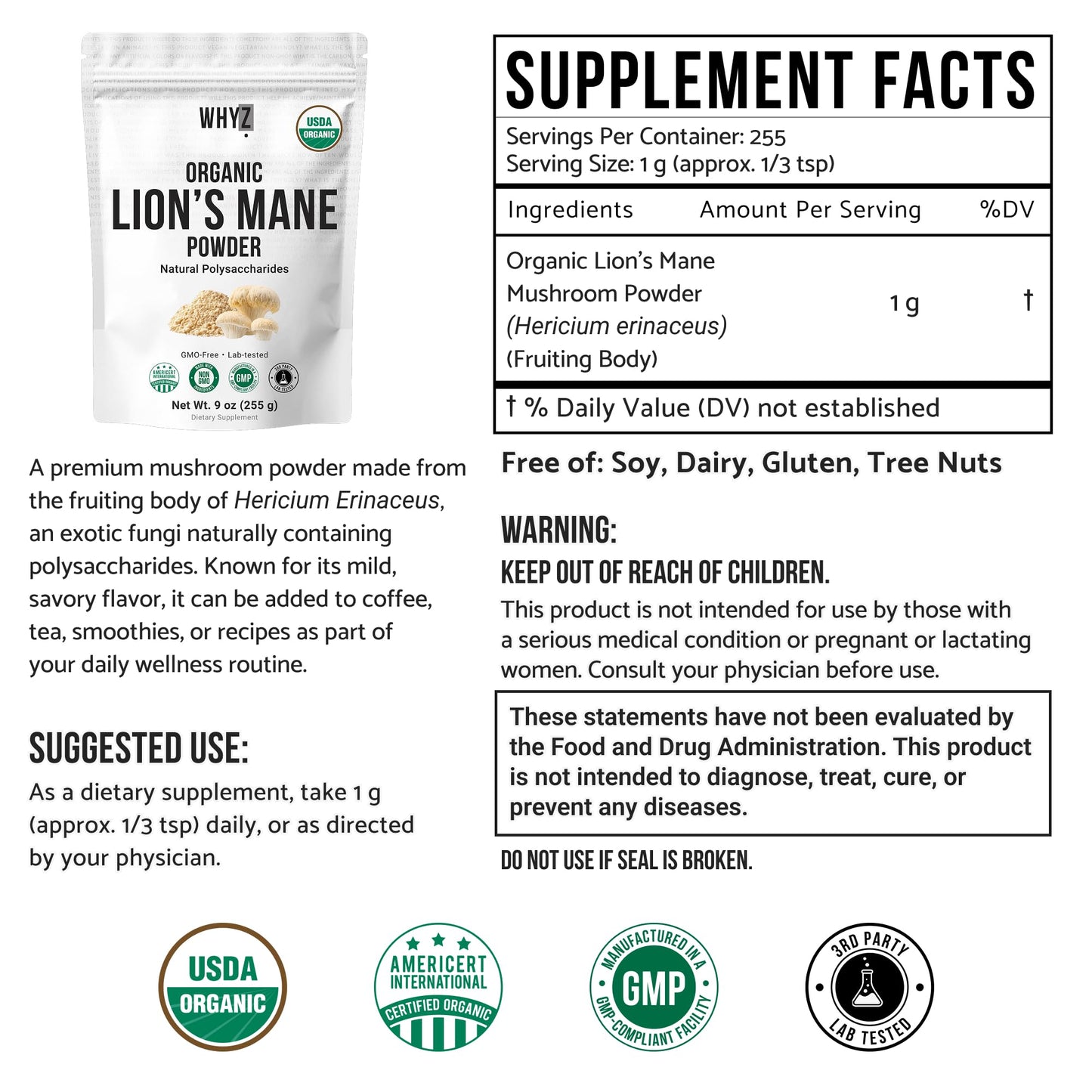 Organic Lion’s Mane Mushroom Powder Fruiting Body Superfood Freeze-Dried Unflavored…