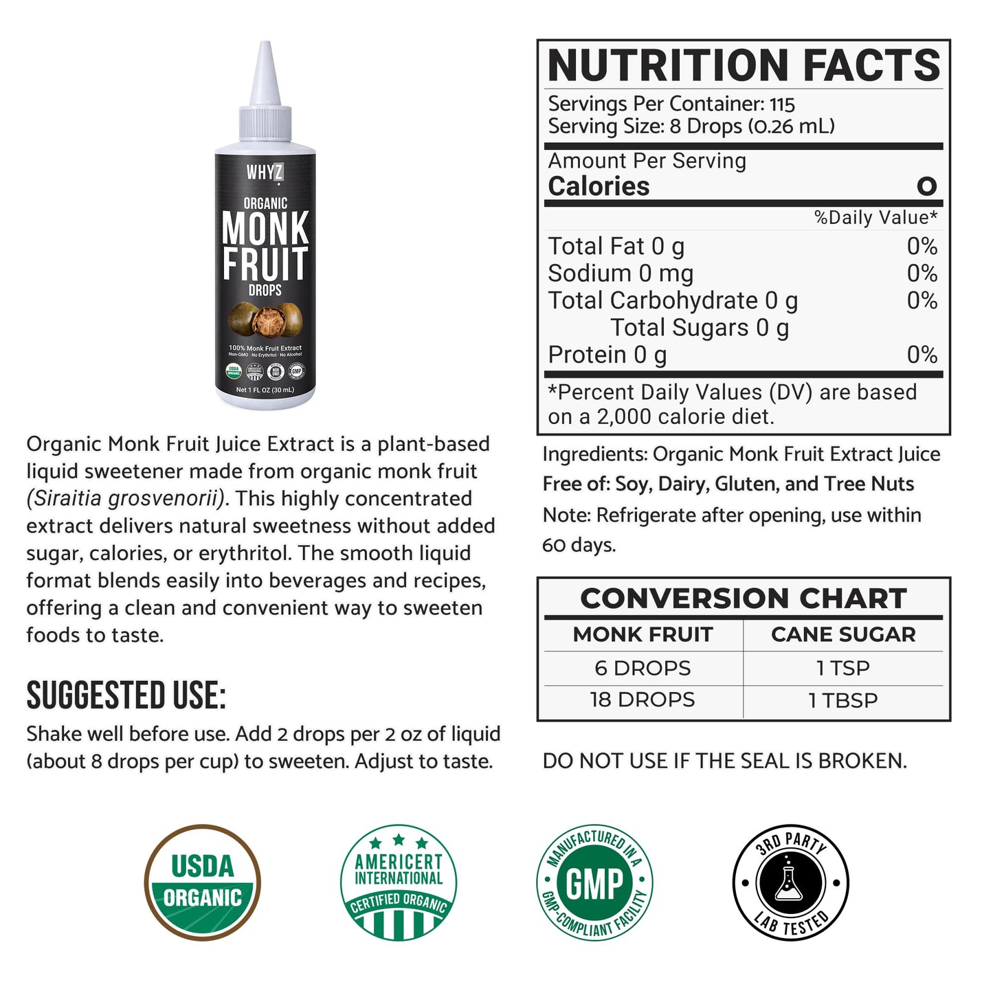 Organic Monk Fruit Liquid Sweetener Drops, 100% Monkfruit Liquid, Zero Sugar & No…