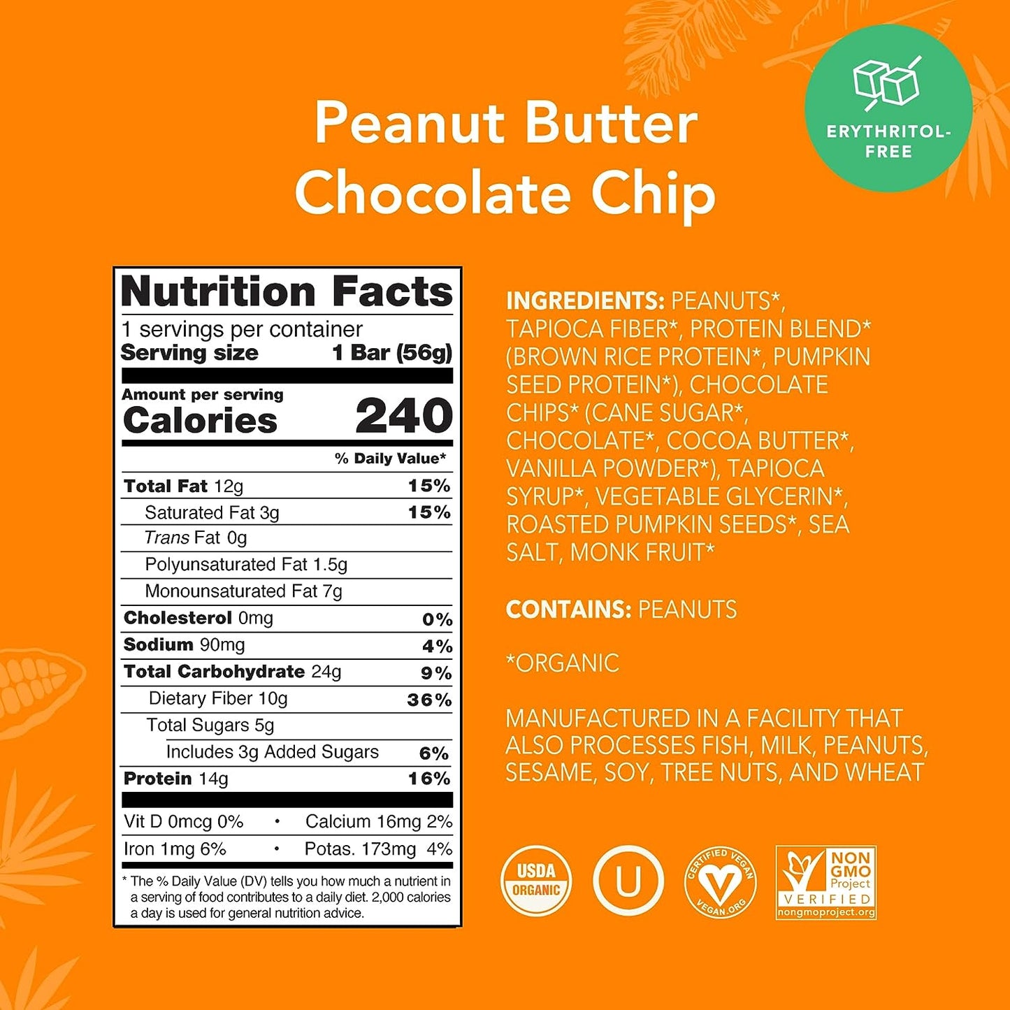ALOHA Organic Plant Based Protein Bars |Peanut Butter Chocolate Chip | 12 Count, 1.98oz Bars | Vegan, Low Sugar, Gluten Free, Paleo, Low Carb, Non-GMO, Stevia Free, Soy Free, No Sugar Alcohol Sweeteners