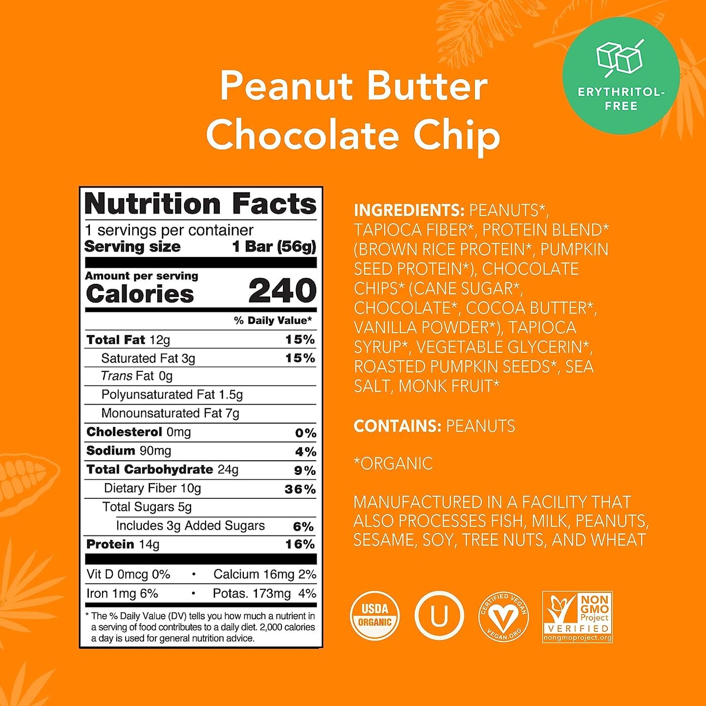 ALOHA Organic Plant Based Protein Bars |Peanut Butter Chocolate Chip | 12 Count, 1.98oz Bars | Vegan, Low Sugar, Gluten Free, Paleo, Low Carb, Non-GMO, Stevia Free, Soy Free, No Sugar Alcohol Sweeteners