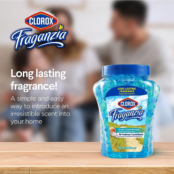 Clorox Fraganzia Air Freshener Crystal Beads Fresh Ocean Breeze 12oz | Long-Lasting Air Freshener Beads 12 Ounces | Easy to Use Vented Jar Air Scent Beads for Homes, Bathrooms, Closets, Car or Office