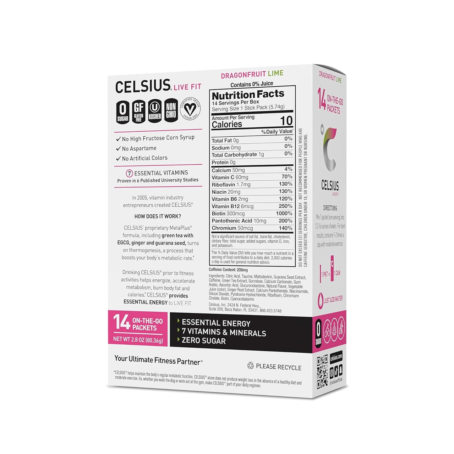 CELSIUS Dragonfruit Lime On-the-Go Powder Stick Packs, Zero Sugar 14 Count(Pack of 1)