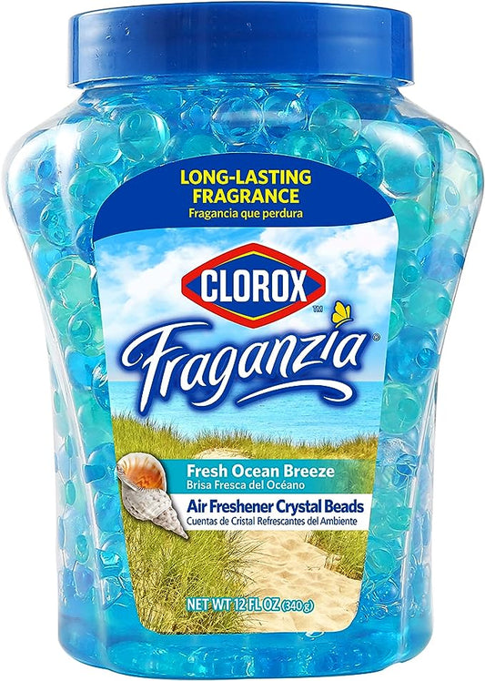 Clorox Fraganzia Air Freshener Crystal Beads Fresh Ocean Breeze 12oz | Long-Lasting Air Freshener Beads 12 Ounces | Easy to Use Vented Jar Air Scent Beads for Homes, Bathrooms, Closets, Car or Office