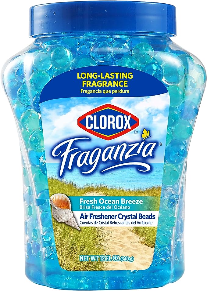 Clorox Fraganzia Air Freshener Crystal Beads Fresh Ocean Breeze 12oz | Long-Lasting Air Freshener Beads 12 Ounces | Easy to Use Vented Jar Air Scent Beads for Homes, Bathrooms, Closets, Car or Office