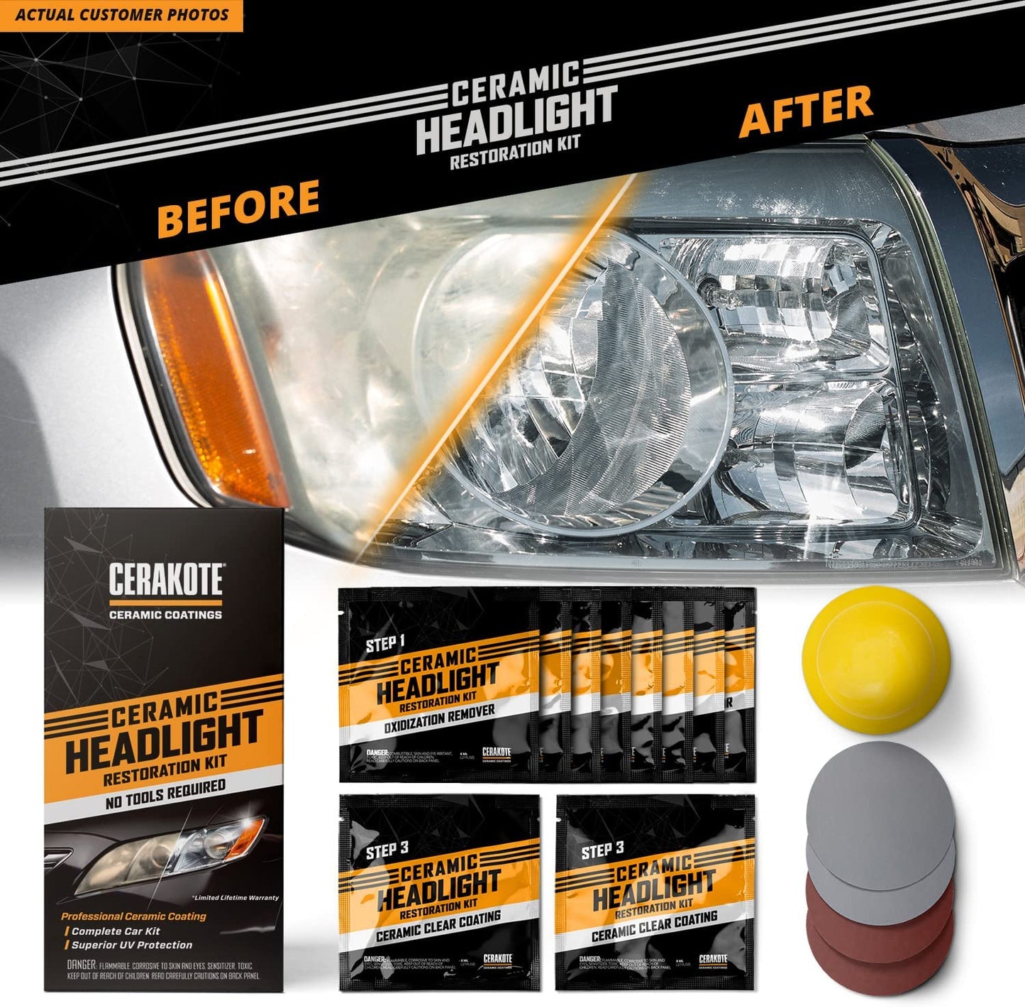 CERAKOTE® Ceramic Headlight Restoration Kit – Guaranteed To Last As Long As You Own Your Vehicle – Brings Headlights back to Like New Condition - 3 Easy Steps - No Power Tools Required