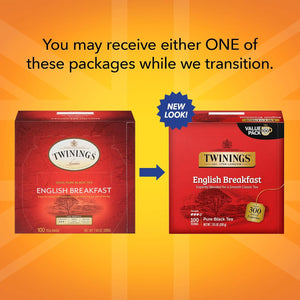 Twinings English Breakfast Black Tea, 100 Individually Wrapped Tea Bags, Smooth, Flavourful, Robust, Caffeinated