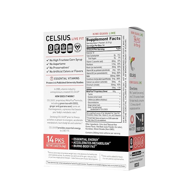 CELSIUS Kiwi Guava Lime On-the-Go Powder Stick Packs, Zero Sugar (14 Sticks per Pack)