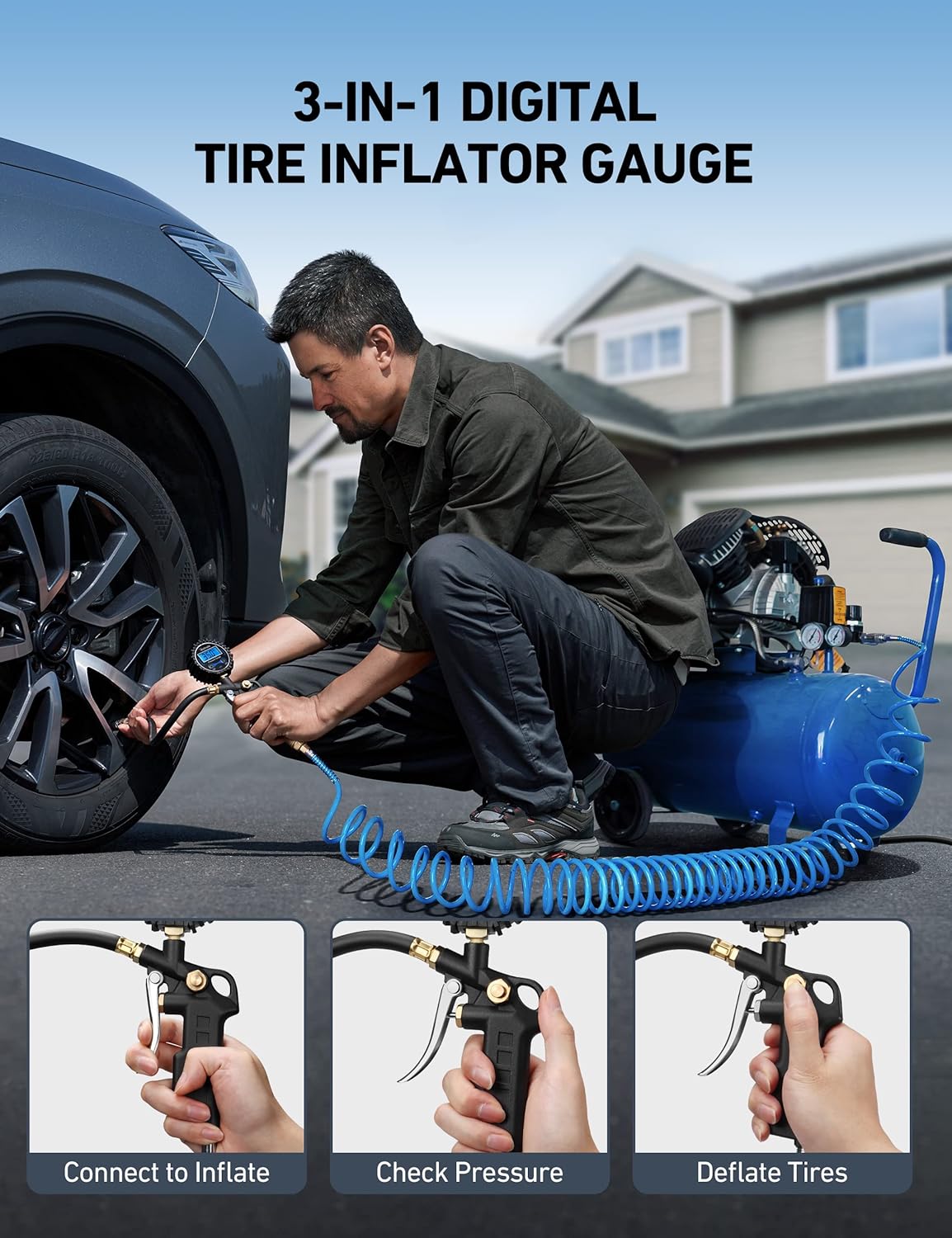 AstroAI Digital Tire Pressure Gauge with Inflator, 250 PSI Air Chuck & Compressor Accessories Heavy Duty with Quick Connect Coupler, 0.1 Display Resolution, Car Accessories & Stocking Stuffers for Men