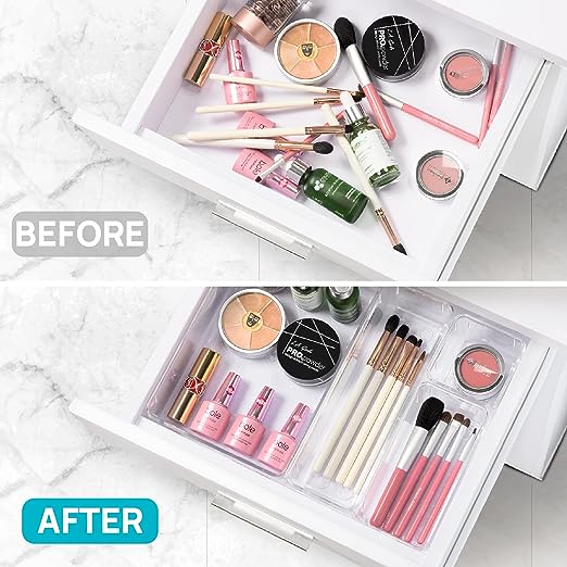 Vtopmart 25 PCS Clear Plastic Drawer Organizers Set, 4-Size Versatile Bathroom and Vanity Drawer Organizer Trays, Storage Bins for Makeup, Bedroom, Kitchen Gadgets Utensils and Offic