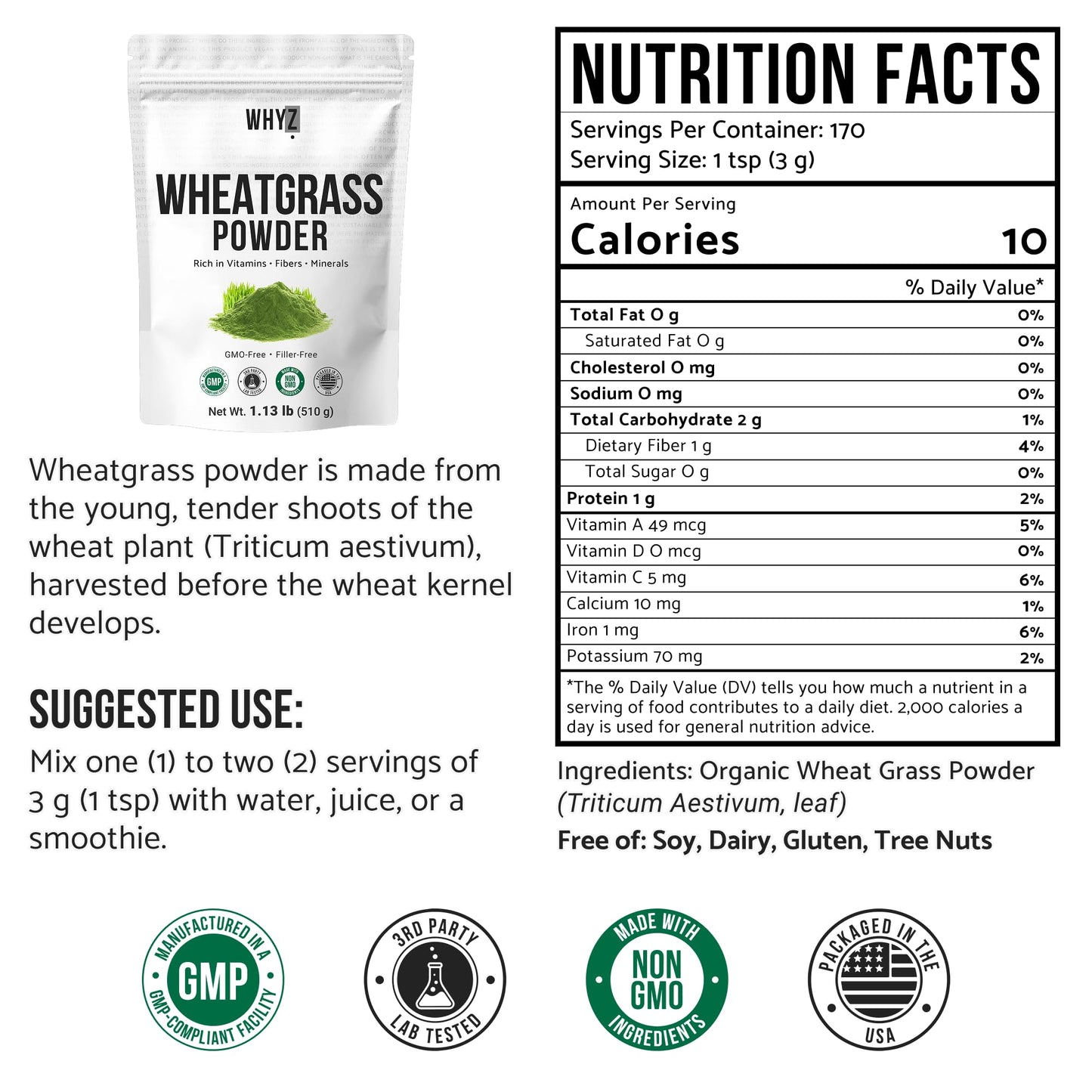 Wheatgrass Powder 100% Pure Whole-Leaf Wheatgrass Powder, Nutrient-Rich Green Wheat Grass…