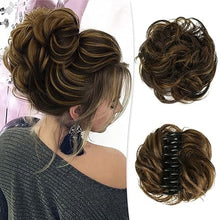 Load image into Gallery viewer, Claw Clip Messy Bun Hair Piece 100% Real Human Hair Buns Curly Chignon Hair Bun Extensions Wavy Tousled Updo Hair Buns Claw Clip Ponytail Hairpieces Hair Scrunchie with Clip for Women（Dark Brown with Light Golden Brown）